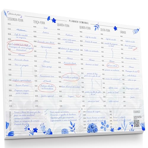 Planner Agenda Semanal com Horário Floral Azul - 50 folhas - tama...