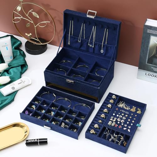 Image of KRISHYAM 3-Layer Velvet Jewelry Storage Box with Lock - Multi-Compartment Organizer Case for Rings, Earrings, Bracelets, Necklaces & Watches (Blue)