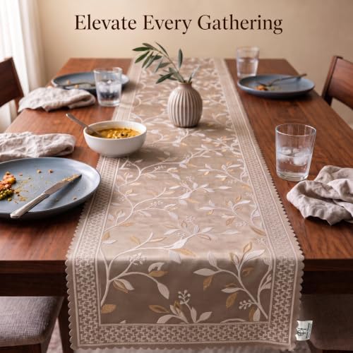 Image of Premium Embroidered Dining Table Runner 6 Seater | Washable Heat Resistant Fabric | Cotton-Silk Blend | Fits 4 & 8 Seater Dining Table | Centre Table Decor | 13 x 72 Inch | Beige