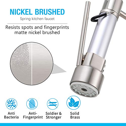 Qomolangma Contemporary Spring Kitchen Sink Faucet With Pull Down Sprayer, High Arch Commercial Stainless Steel Single Handle Spring Kitchen Faucets With Sprayer, With Deck Plate, Brushed Nickel #TOP3
