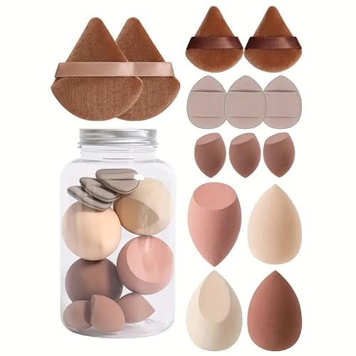 14-Piece Cosmetic Puff & Makeup Sponge Set – Triangle, Mini Finger, Egg Sponges for Foundation/Juego de 14 Esponjas y Puffs de Maquillaje para Base (Coffee)