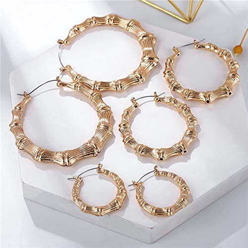 3 Pairs Gold Tone Large Bamboo Style Hoop Earrings for Women Round Circle Statement Hip-Hop Earrings3