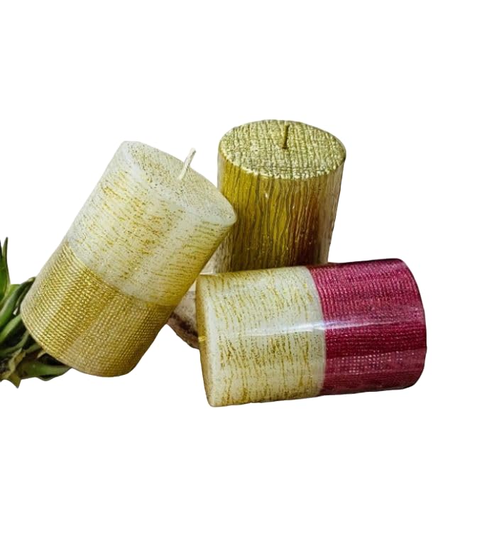 The Fabulous Flame Set of 3 Pillar Candles 2 x 3 Inch Column Candles Colored Candles || Aromatherapy Candle, Stress Relief Gifts for Women, 40H Burning - Red Gold/White Gold/Golden Chatayi