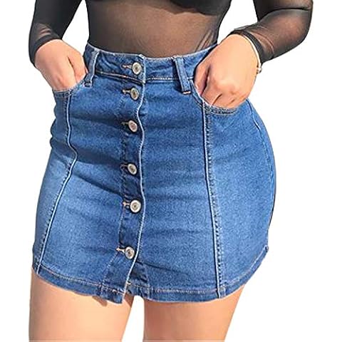 Tulucky Women's Button Down Front Denim Short Skirt with Side Pocket(Blue,L) Cover