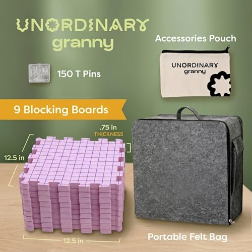Image of Unordinary Granny Crochet Blocking Board Set - 9 Extra Thick Interlocking Mats with Grid, 150 T-Pins, Felt Storage Bag and Cotton Pouch (Blush Pink)