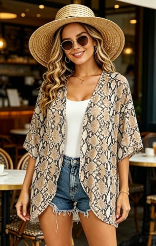 Image of FINOCEANS Womens Floral Chiffon Kimono Cardigans Loose Beach Cover Up Half Sleeve Tops