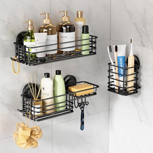 Image of LEVERLOC Shower Caddy Suction Cup, 3 Pack Heavy Duty Bathroom Organizer for Inside Shower with Hooks & Soap Holder, Removable Bathroom Organizer, Rustproof Black Holder Storage Black