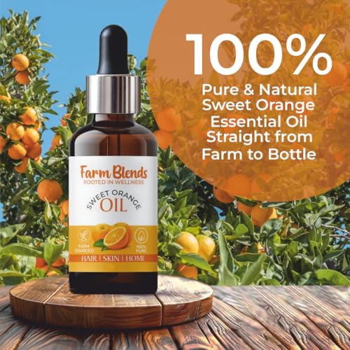 Image of Farm Blends Sweet Orange Essential Oil|Vitamin C,Boosts Collagen|Hair Growth,Skin Care,Reduces Sun Tan,Fresh Citrusy|Farm To Home|Oil 100% Pure,Natural, Undiluted|Citrus sinensis|Pack of 2 |15ml