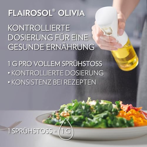 FLAIROSOL OLIVIA 130ml Glas-Ölsprüher - Kontinuierliche Ölsprühtechnik mit Portionskontrolle - Vielseitiger Ölzerstäuber zum Kochen, Salat, Grillen, Backen und für weitere Szenarien (Goldene Blätter) 6