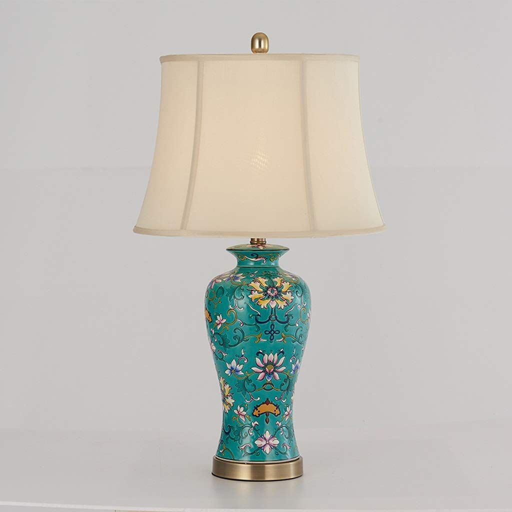 Lampa do czytania, lampa biurkowa, amerykańska lampa stołowa w stylu retro, duża lampa stołowa do salonu, na sofę, do sypialni, ręcznie malowana ceramiczna lampa stołowa z kloszem