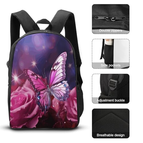 Printed Backpack With Lunch Pack Storage Box Case Pink Butterfly 3pcs Lightweight Travel Backpack3