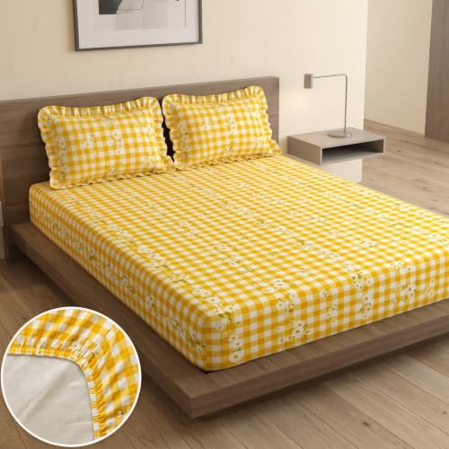 Image of Home Sizzler Microfibre Yellow Checkered Elasticated Fitted King Bedsheet (72x78 Inches) with 2 Pillow Covers