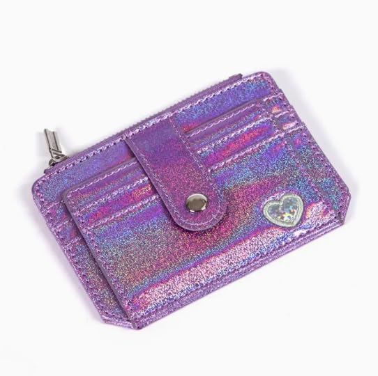 Mothers Day Gifts,Wallet Women,Holographic Glitter Credit Card Holder with Buckle – Pink Synthetic Leather Wallet, Multi-Slot Zippered Coin Purse for Women,Cute Card Wallet (Purple)
