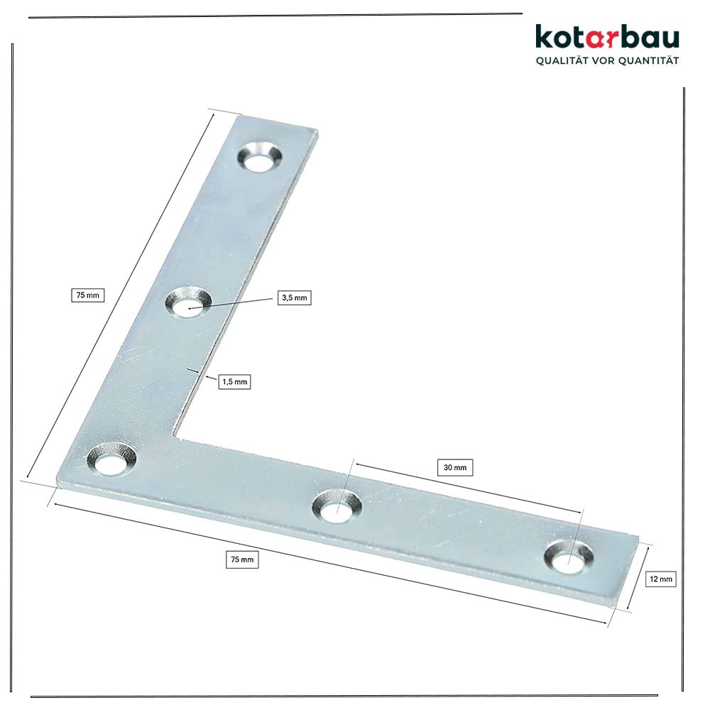 KOTARBAU® 100 x Placas de Esquina, Placas Planas en Forma de L, 75x75 Conector Angular, Conector de Esquina, Placa Perforada, Placas de reparación 90º, Conectores Planos, Pletinas, Soportes de Acero