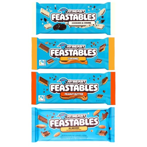 Feastables Beast Bar Milchschokoladen-Probepackung Milchschokolade Erdnussbutter Milk Crunch und Mandelbeast Riegel [4er-Pack] 60 g Riegel