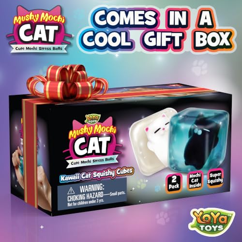 YoYa Toys MushyMochi Cat – Squishy Cubes 2-Pack – Fidget Cube Stress Balls with Mochi Cats – Cute Kawaii Stretch & Squeeze Squishies, Cool Cat Calming Sensory Toy – Great Gift for Kids - Boys & Girls