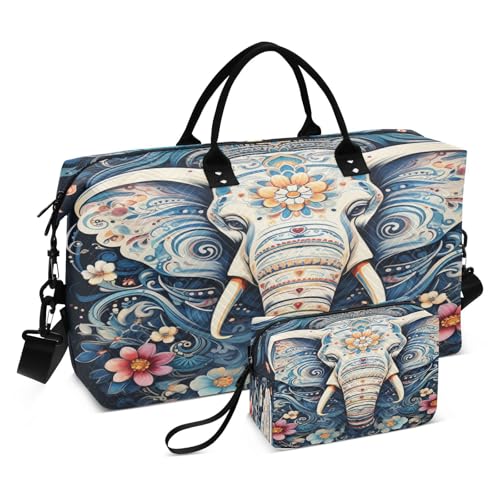 Floral Pattern Elephant Sports Swim Gym Bag Weekender Duffel Travel Bags Handbag with Makeup Storage Bag for Girls Men