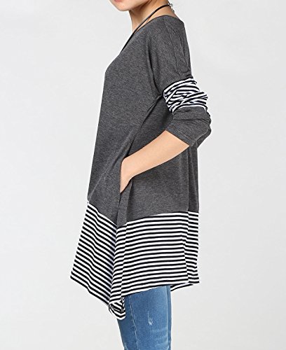 Mordenmiss Women's Stripes Asymmetry Tunic Swing Flowy Plain T-Shirt Top (3XL, Dark Gray)