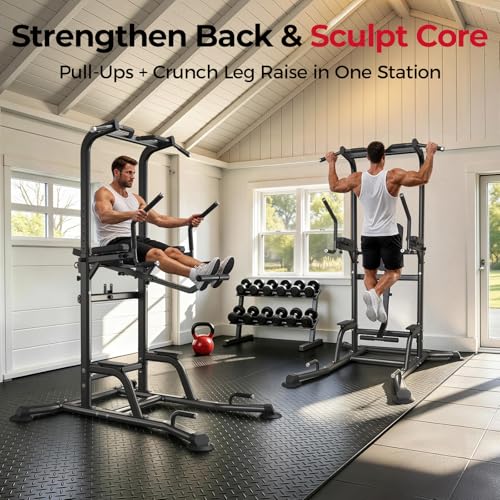Image of FLYBIRD 800LBS Heavy Duty Power Tower Dip Station, Adjustable Height Pull Up Stand with Crunch Leg Raise, Multifunction Strength Training Equipment for Home Gym Back Workout