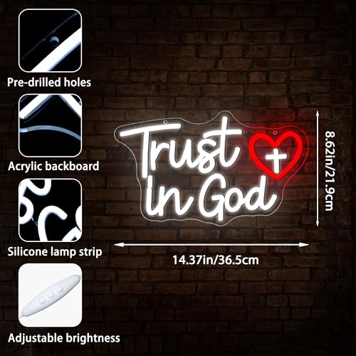 Image of Trust In God Neon Sign for Wall Decor Trust In God LED Light for Man Cave | Dimmable led light, cross christian, prayer room church decor, jesus spiritual wall art, inspirational gift, size 14.4*9.6 in