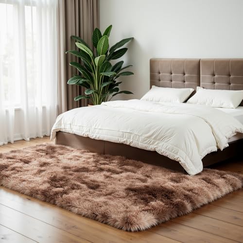 Zentavio Area Rugs for Living Room Large Rugs for Bedroom 5x8 Soft Carpet Fluffy Furry Shag Aesthetic Plush High Pile Gray Throw Rug for Nursery Kids Room Dorm Tie-Dyed Coffee