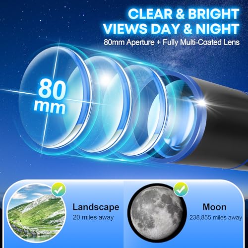 Image of Hawkko Telescope for Adults & Kids Beginners, 80mm Aperture 500mm Telescopes for Adults Astronomy, (20X-150X) Portable Refractor Telescope Kit with Decorate Stickers, Backpack, Phone Adapter-BlackBlue