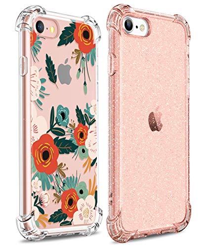 GVIEWIN Clear Bling Glitter iPhone SE 2020 Case/iPhone 8 Case/iPhone 7 Case Bundle with Floral Ultra Slim Durable Soft TPU Case Cover 4.7 Inch