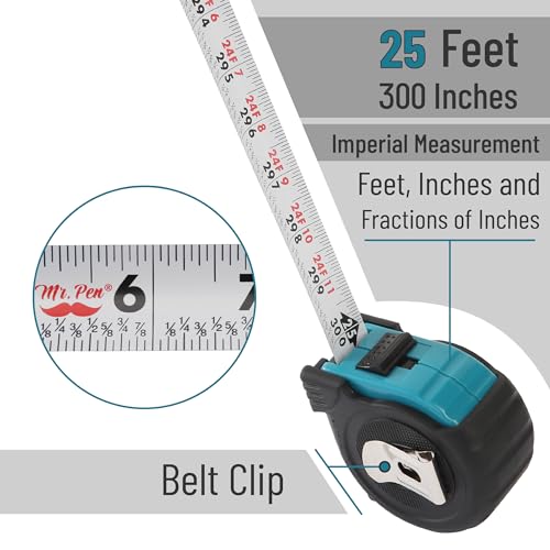 Image of Mr. Pen 25-Foot Steel Retractable Tape Measure with Fractions, Easy Read - Teal /Black