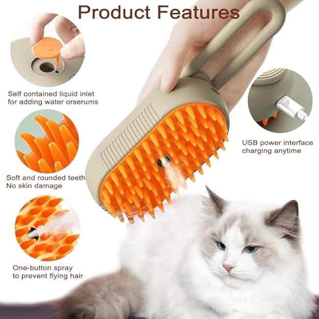 Cat Steam Brush for Shedding, 2025 New 4 in 1 Rechargeable Steam Pet Brushes for Cats & Dogs, Indoor Anti-static Pets Brush for Massage, Cleaning, Shedding & Combing Hair (Beige)-fC198ZY0