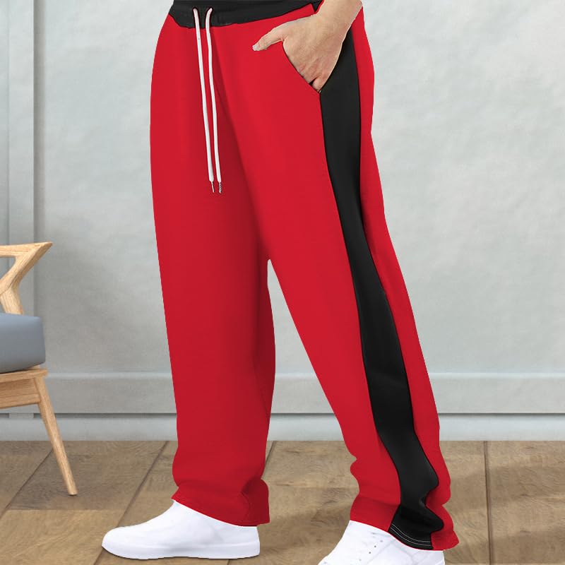 Men's Drawstring Sweatpants Elastic Waist Loose Fit Open Bottom Casual Straight Leg Pants with Side Striped Pockets2