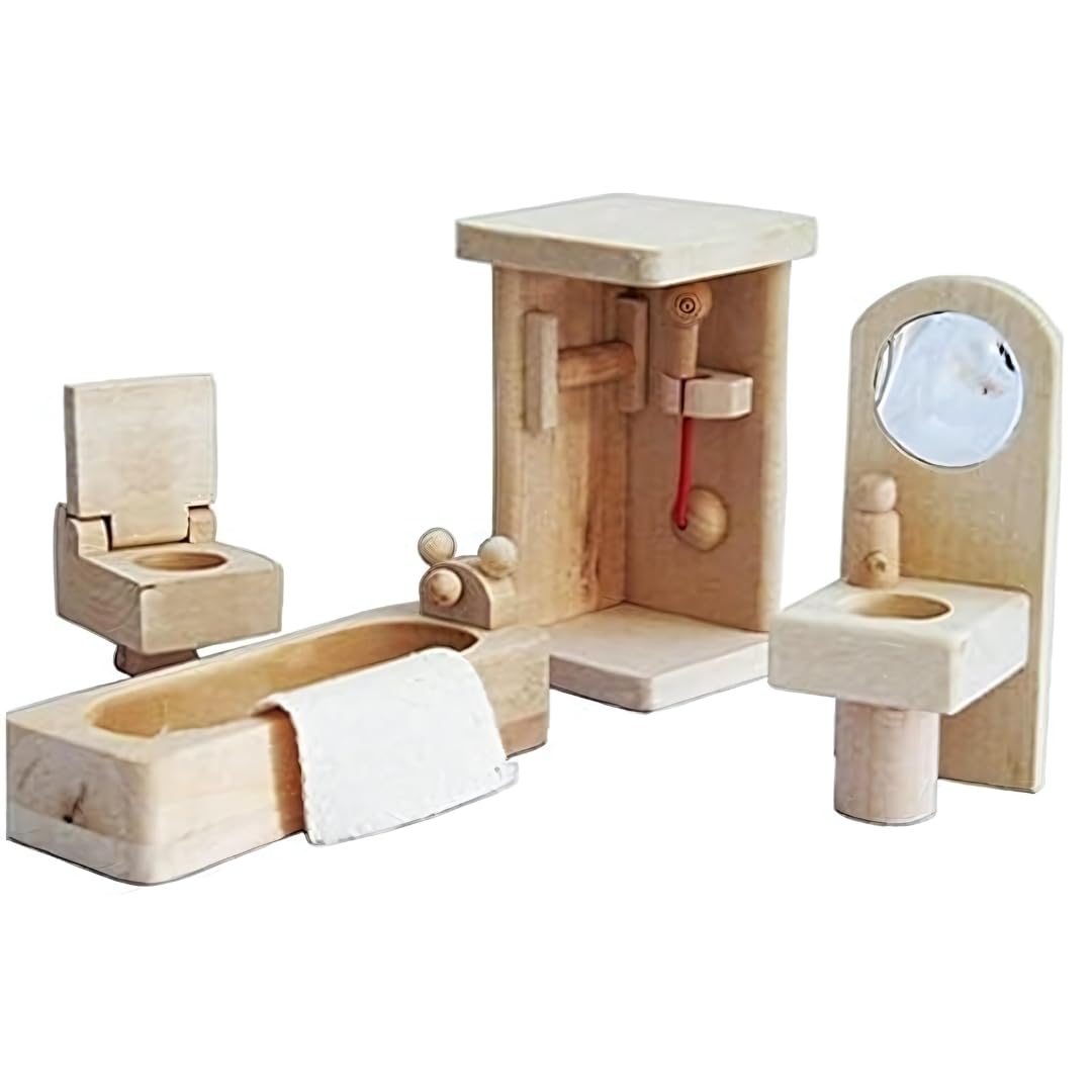 Lakshya India Wooden Bathroom Toy Set for Kids - 5 Piece Dollhouse Furniture Set Suitable for Playing Kids Age 5-10 Years (Color-Brown)