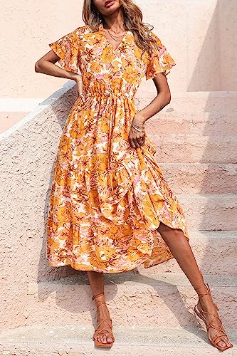 PRETTYGARDEN Women's Floral Boho Dress Casual Short Sleeve V Neck Ruffle  Tiered 2024 Summer Swing Maxi Dresses : : Clothing, Shoes 