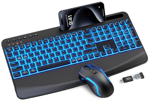 Image of SABLUTE Wireless Keyboard and Mouse Combo, Rechargeable 4000mAh Light up Quiet Keyboard with Wrist Rest & Phone Holder, Ergonomic Silent Typing for PC /Mac /Laptop /Windows /Chrome OS