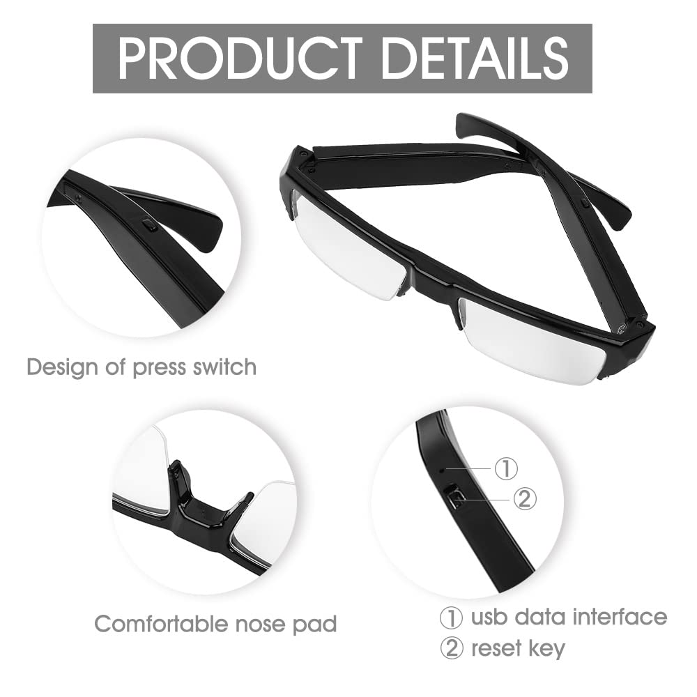KOBERT GOODS V13 Versione 2.0 Telecamera nascosta ad alta risoluzione 5 Megapixel Full HD Mini telecamera di sorveglianza in un unico occhiale con microfono foto audio e video registrazioni con micro SD e collegamento USB