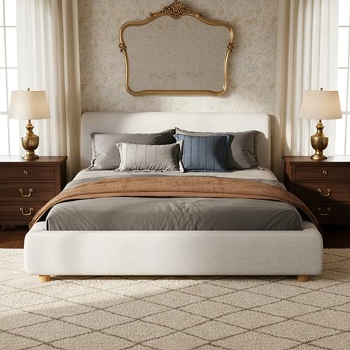 Image of Merax Queen Size Boucle Upholstered Platform Bed Frame with Headboard,Modern Soft Fabric for Bedroom with Wood Slats Support for Bedroom