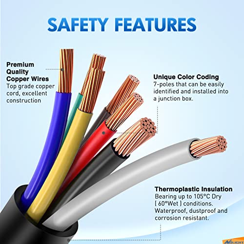 Image of Nilight - 50050R 7-Way Trailer Plug Socket Extension Cable 3FT Long 10-14 AWG Double-Prong Copper Terminals /Wires for 7-Blade Trailer Wiring Connector Cord, 2 Years Warranty