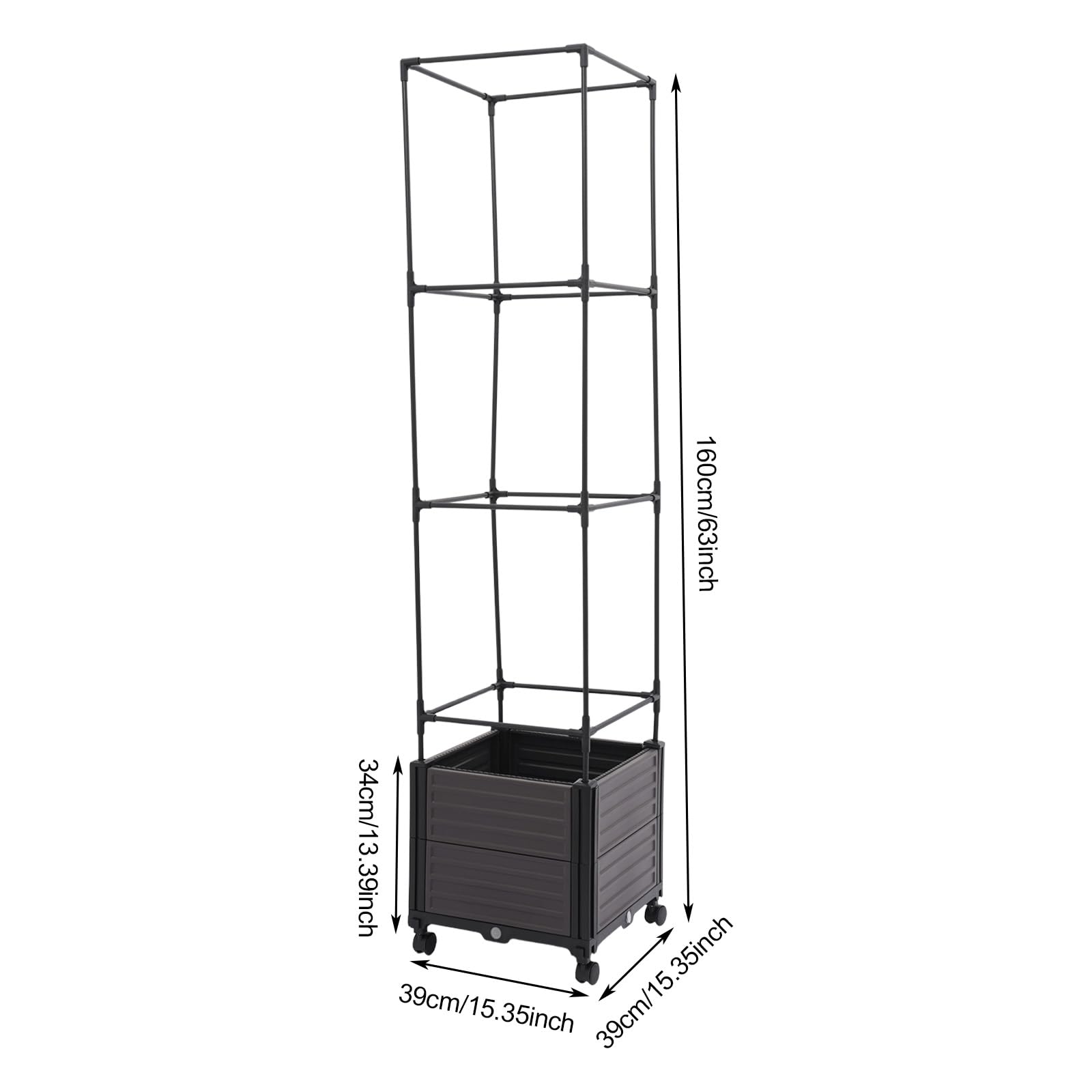 Macetero con soporte para enredaderas, maceta con enrejado 2 en 1, jardinera con ruedas y almacenamiento de riego, jardinera para plantas trepadoras, verduras, flores (dos pisos, techo plano)