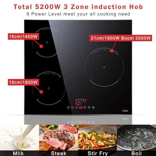 Induktionskochfeld 60cm, 3 Zonen Einbaus Kochfelder mit Power Booster, 9 Leistungsstufen...