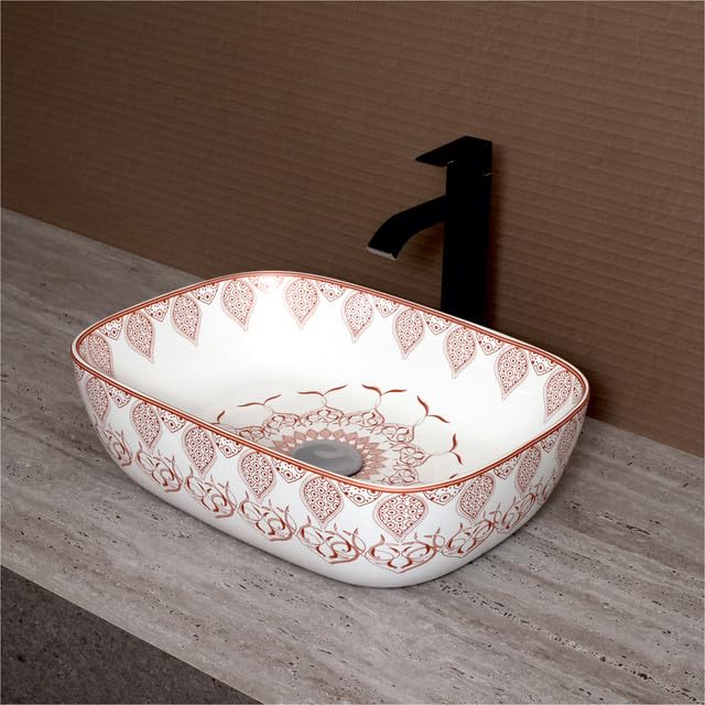 Image of Archstone Wash Basin for Bathroom -1 Year warranty - Tabletop Washbasin - Ceramic Glossy Rectangle Designer Moroccan Countertop Vessel Sink, Dining Hall & Vanity 33x45x14.5 cm (Copper Moroccan)