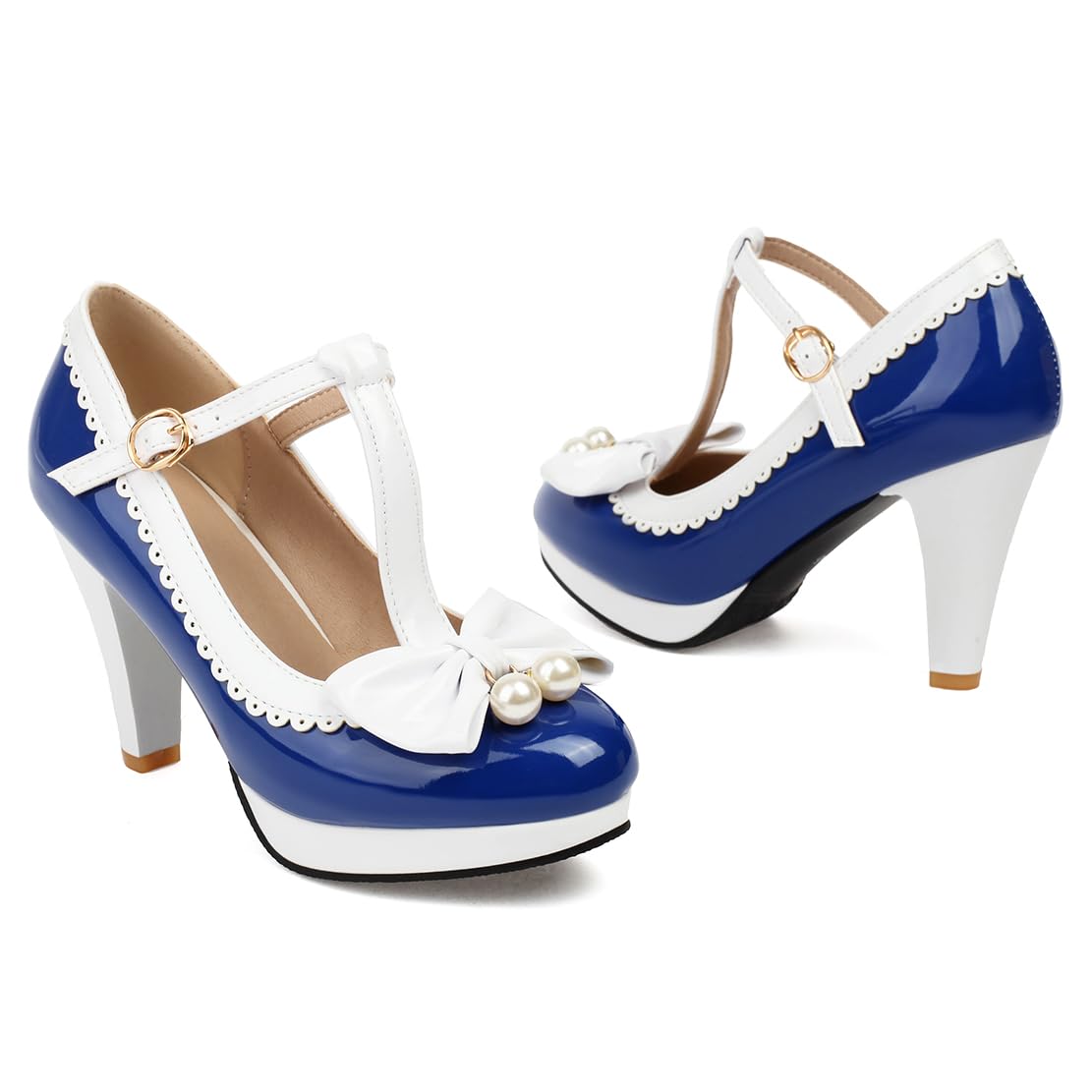 Damen Lack Blockabsatz T-Strap Pumps Plateau Absatz High Heels Mary Jane Schleife mit Perlen