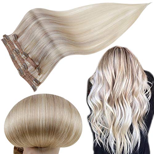 RUNATURE Clip in Hair Extensions 14 Inches Dark Ash Blonde With Light Blonde Fading to Platinum Blonde Balayage Color 50g 3pcs, Double Weft Human Hair Clip in Extensions, Invisible Clip in Human Hair