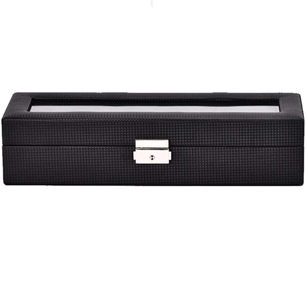 Uhrenbox mit Glasdeckel, 6-teilige Uhrenbox, Uhrenaufbewahrungsbox aus Kohlefaser, Schmuckdisplay, Aufbewahrungsbox für Männer und Frauen, Uhrengehäuse, 17,8 x 12,8 x 7,5 cm Safehappy
