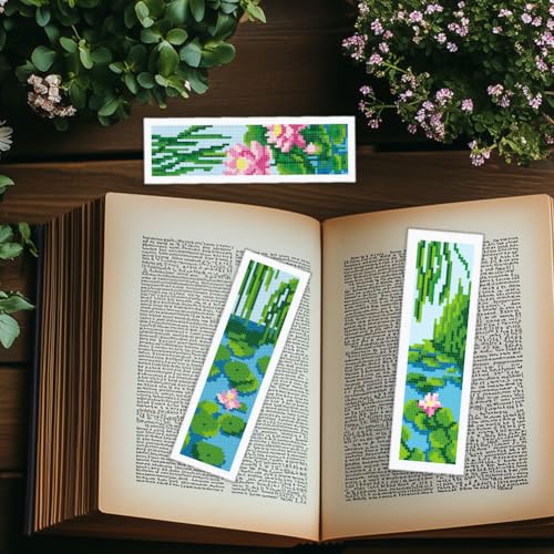 Image of INFUNLY 6 Set Water Lilies Cross Stitch Bookmark Kits 8 inchx2.4 inch DIY Willow Tree Embroidery Bookmark Kits for Beginners with Instruction Lotus Flowers Bookmark Making Kit for Book Lovers Readers Gifts