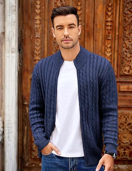 Image of TYSORT Men's Cotton Full Sleeve High Neck Full Zipper Sweater for Men, Cable Knitted Cardigan for Men