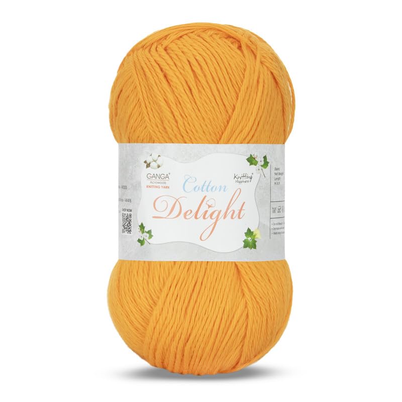 Image of Ganga Acrowools Cotton Delight, Dk Weight Cotton Yarn, Oekotex Class L Certified 100G, 169M, Pack of 1 Ball - 100gm Each, Shade No. - COD098 Mango Orange