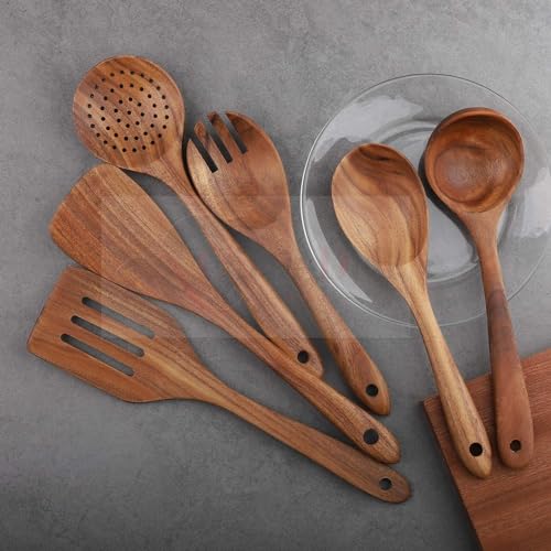 Image of Wooden Kitchen Utensil Set, 6-Piece with Cutley Holder Handcrafted Cooking Tools with Barrel Holder with Fine Finish Spoons Set Kitchen Cooking Spoon Set