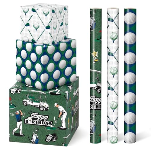 WERNNSAI Golf Wrapping Paper Rolls - 3 Rolls 17 x 10FT Golf Gift Wrap for Dad Men Birthday Fathers Day Sport Golfball Golfing Theme Party Retirement Gifts Green Golfball Design