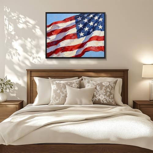 Image of American Flag Framed Canvas Wall Art, 4th of July Red White Blue Canvas Prints, USA Flag with Picture Patriotic Decorations, Modern Independence Day Wall Decor for Bedroom Living Room Office 24x36