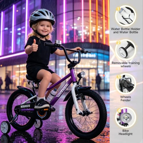 Image of WinHope Kids Bike with Headlight, 12-20 Inch Pedal Bike for 2-12 Boys Girls | Steel Frame with Training Wheels Water Bottle | Dual Brake for Summer Outdoor Riding | Birthday Gift for Toddlers