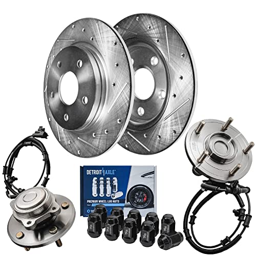 Image of Detroit Axle - Rear Brake Kit for Dodge Grand Caravan Chrysler Town&Country | Routan, Drilled & Slotted Disc Brake Rotors Wheel Bearing & Hubs Wheel Lug Nuts Replacement 12 inch inch Rotor